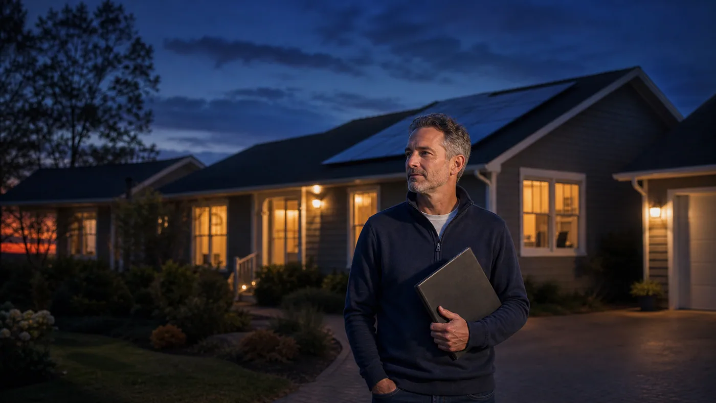 Homeowner making a grounded energy-planning decision outside a warmly lit home