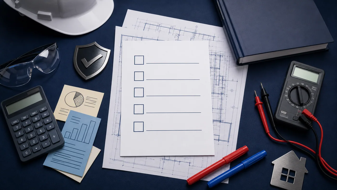 Blueprint decision checklist with calculator, safety glasses and measuring tools