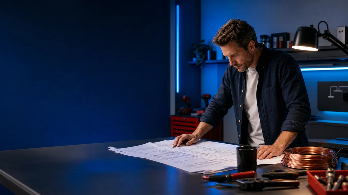 Homeowner reviewing energy-project blueprints at a careful, organized workshop