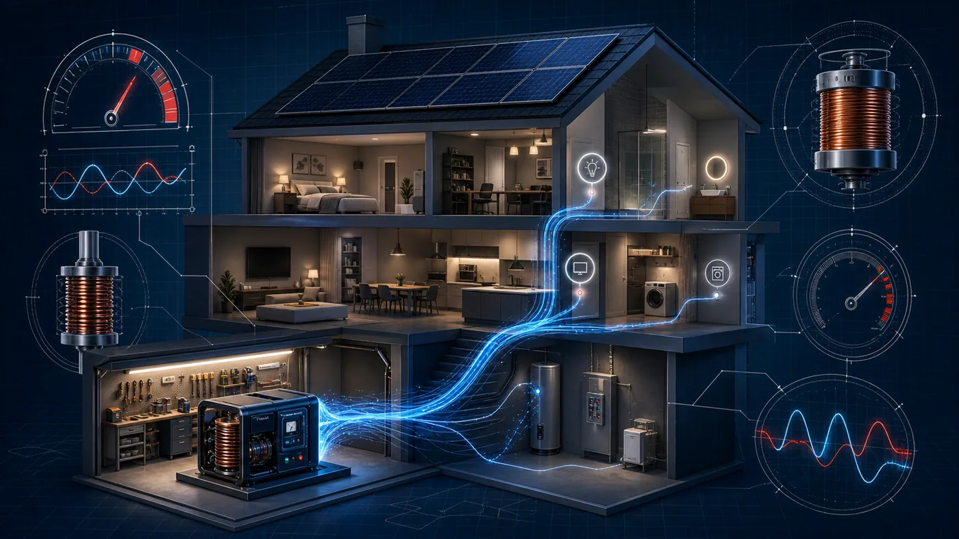 Conceptual home energy-flow illustration over a blueprint grid, not a construction diagram