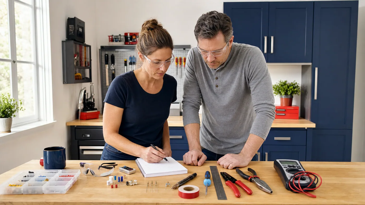 Two adults safely planning an educational electronics project at an organized workbench